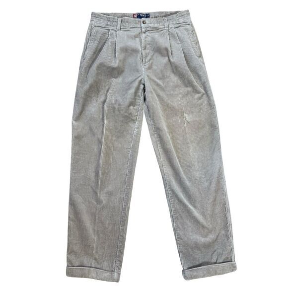 Vintage Ralph Lauren Chaps Corduroy Pants Khaki 33x32 Baggy Skater Cuffed Pleat - Picture 1 of 8